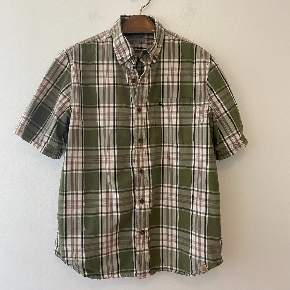 Carhartt Short Sleeve Plaid Button Shirt Mens Large Relaxed Fit Green Brown